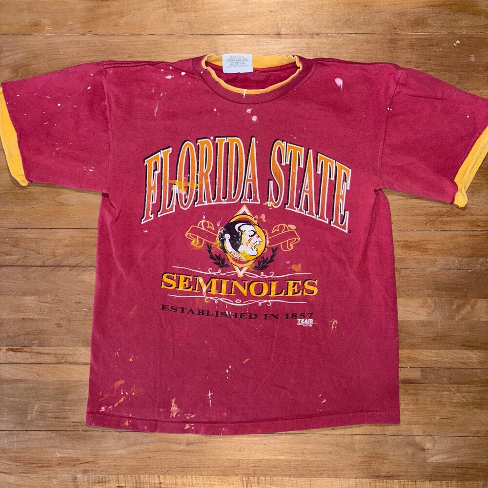 Florida State Seminoles Ringer T Shirt Distressed Bleach Paint Splatter FSU 90s